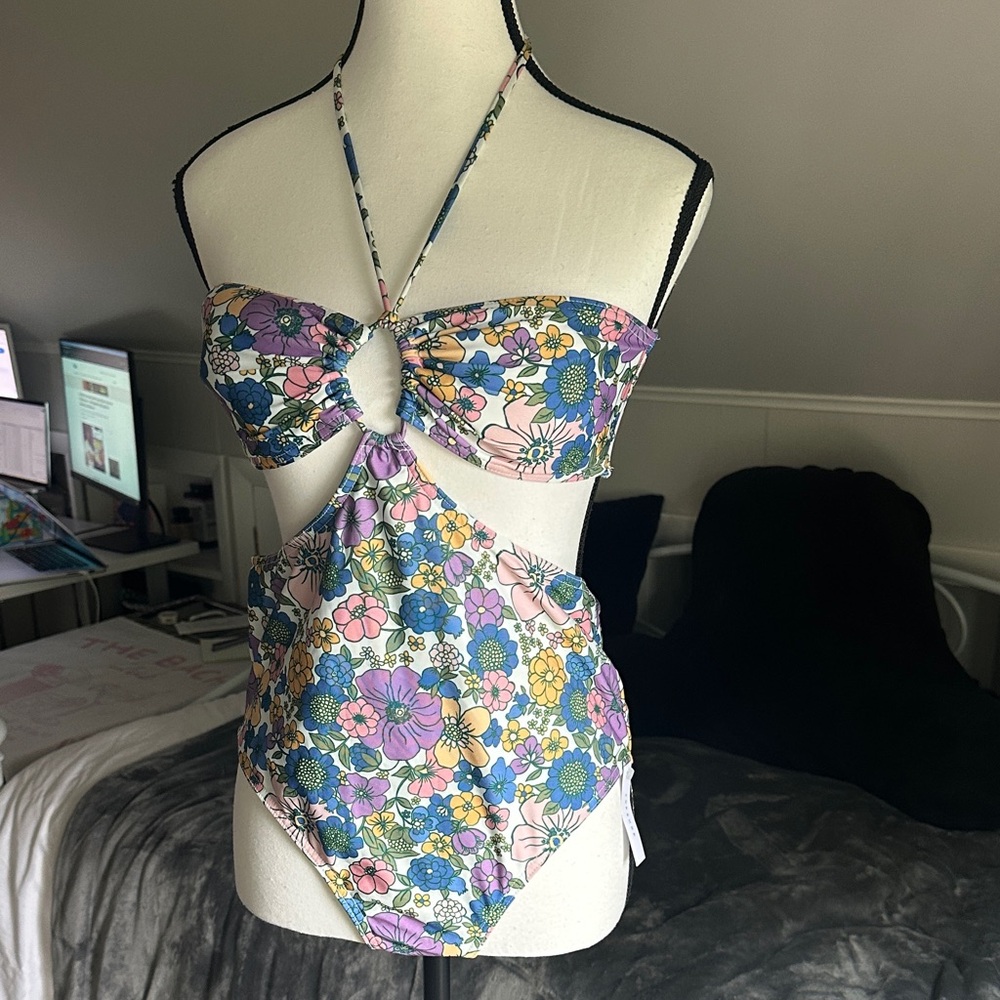 Topshop Floral Halter One Piece Swimsuit - Purple and Blue